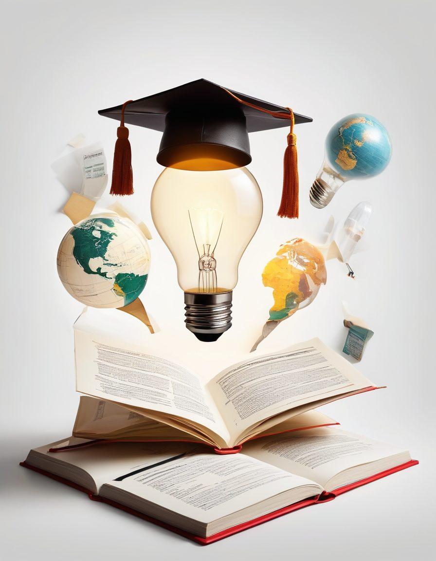 An open book surrounded by various educational resources, including scholarship brochures, student loan documents, and a laptop displaying funding websites. A bright light bulb symbolizes insights and ideas. Background elements like a graduation cap and a globe indicate global education opportunities. Overall, the image conveys a sense of empowerment and exploration in education funding. super-realistic. vibrant colors. white background.
