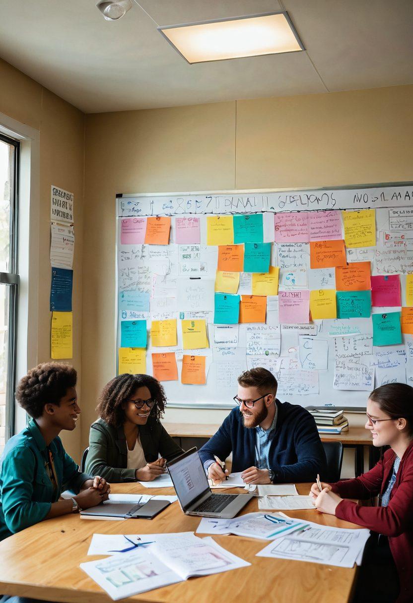 A diverse group of students excitedly collaborating around a large table, surrounded by books, laptops, and colorful charts about grants and fellowships. The atmosphere is lively, with sticky notes and diagrams showcasing strategies for educational funding. Soft natural light streams through a window, giving the scene an inviting feel. Background elements include a wall filled with inspirational quotes about education and success. super-realistic. vibrant colors. warm lighting.