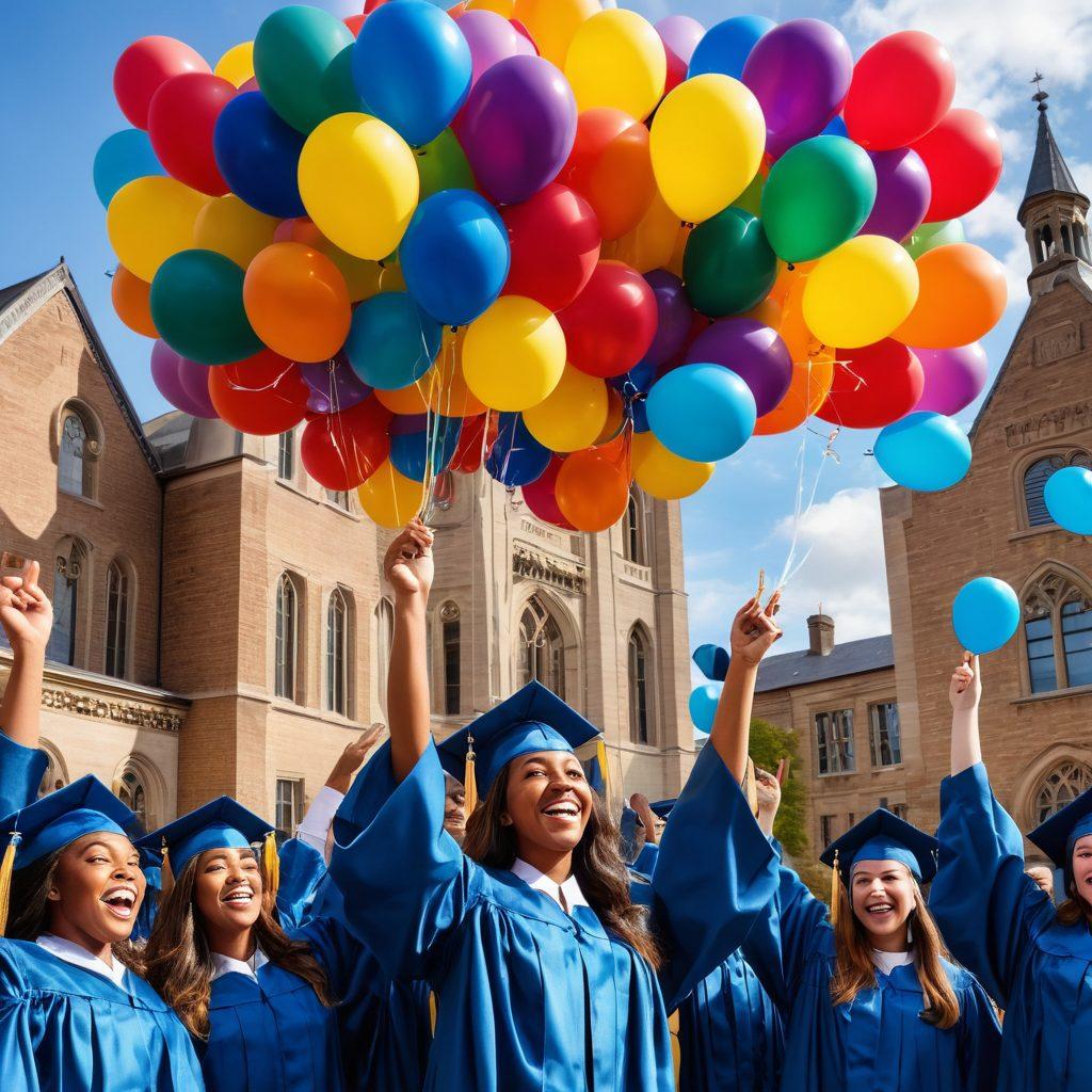 A diverse group of students joyfully celebrating at a graduation ceremony, holding scholarships in hand, with a backdrop of iconic university buildings. A rainbow of balloons and banners that read 'Scholarships & Financial Aid' float above them, representing hope and opportunity. The scene is painted with bright and uplifting colors to evoke positivity and excitement, capturing the essence of educational achievement and support. super-realistic. vibrant colors. celebratory atmosphere.
